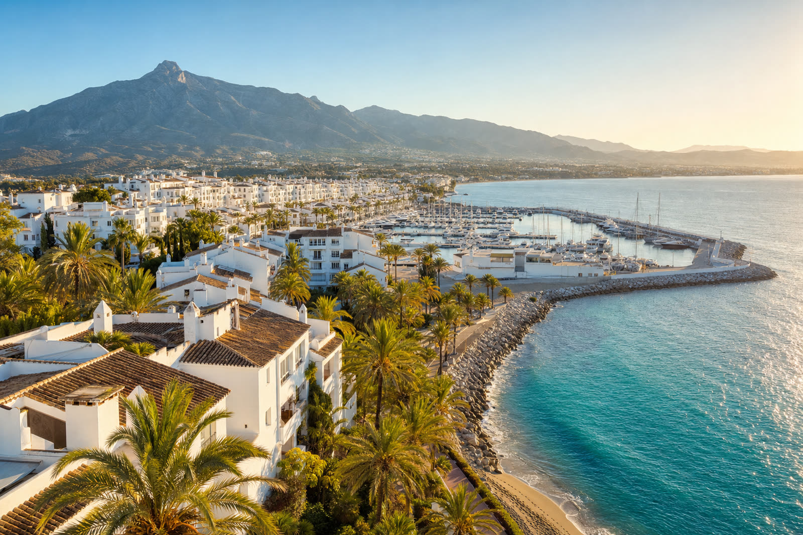 Pobřeží Costa del Sol — bílá architektura, palmy a marina